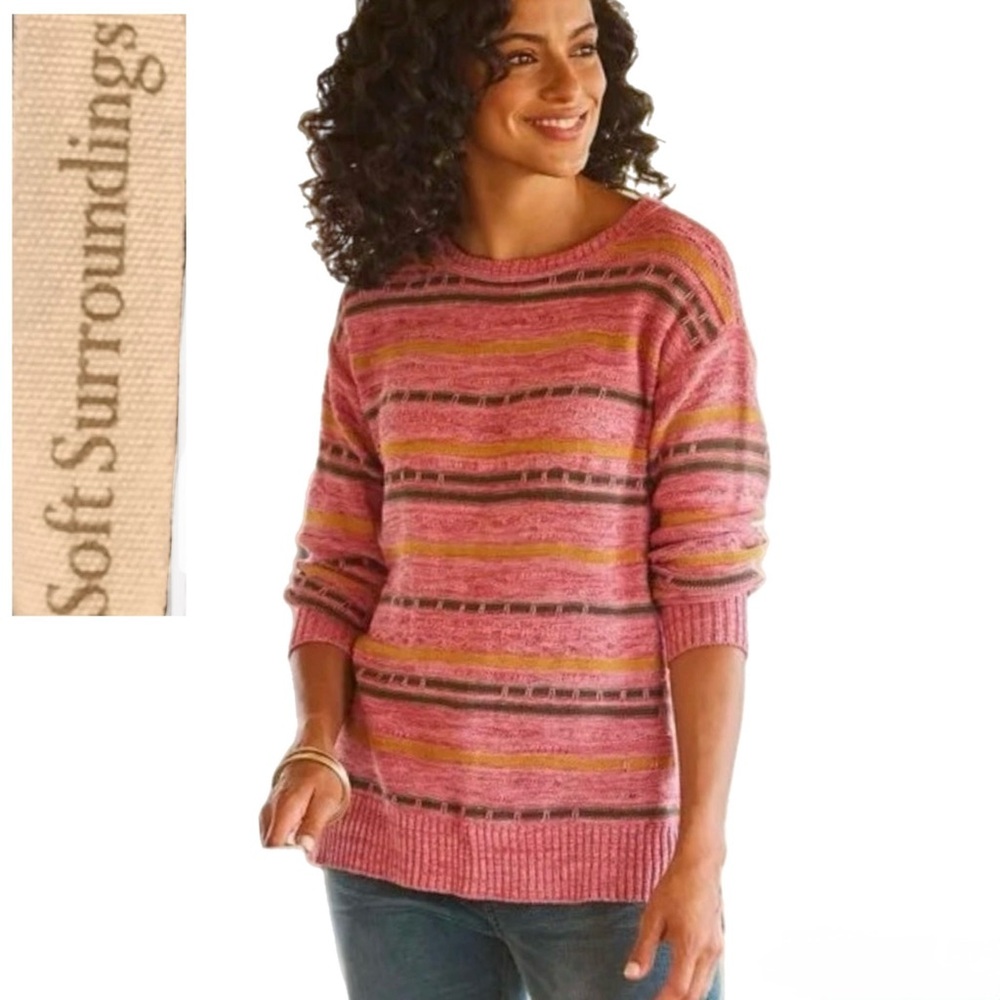 Soft Surroundings Scandi-Girl Lisabetta Art Stripe Mixed Knit Sweater Boho Sz XL